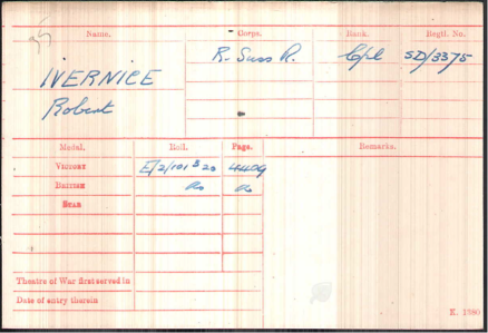From British Army WWI Medal Rolls Index Cards, 1914-1920 (with wrongly spelt surname)